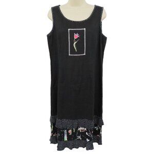 Carol Anderson Petites 10P Black Linen Tulip Flower Sleeveless Dress Ruffle Hem